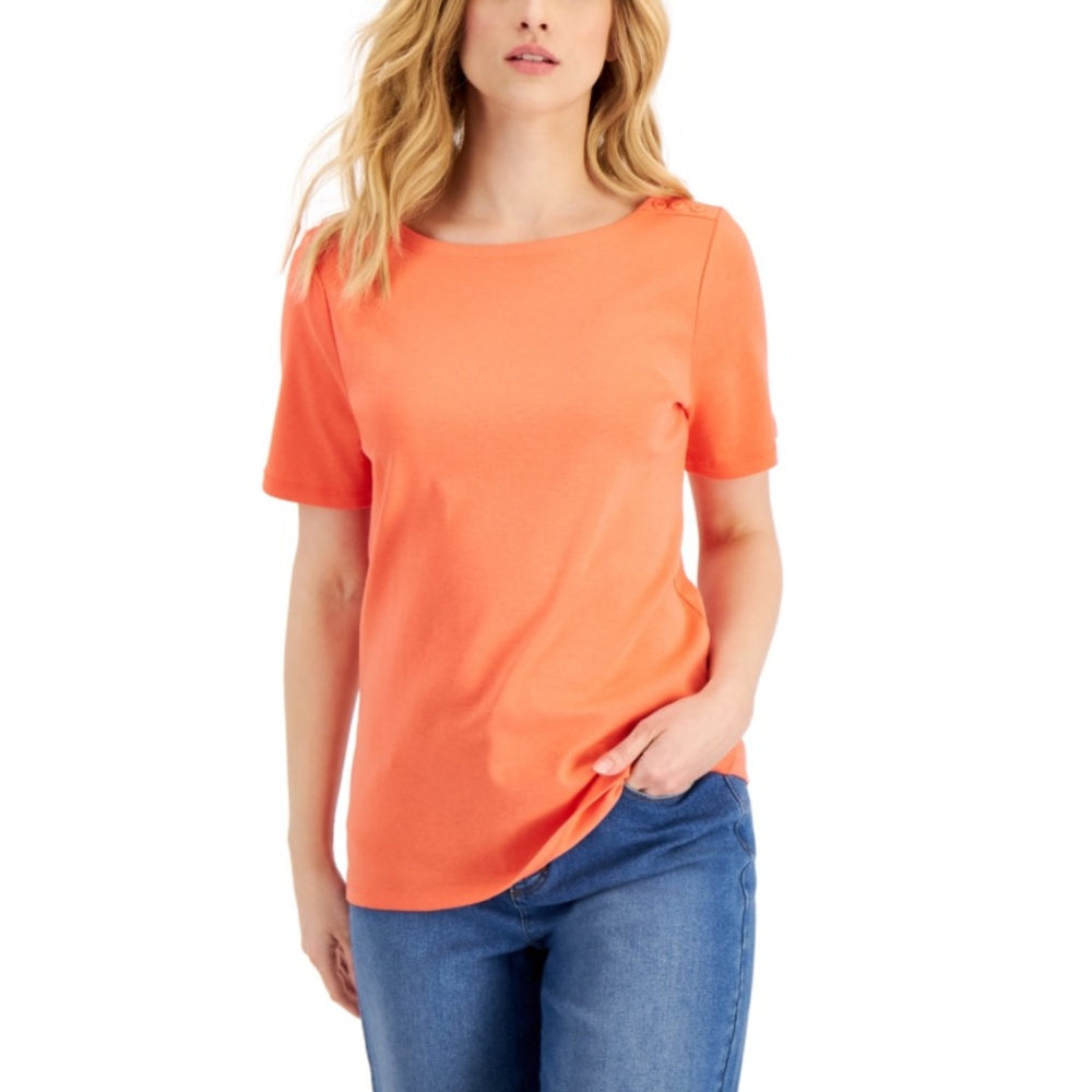 New! Charter Club Cotton BoatNeck Pima CottonTop, Hot Coral, size XL